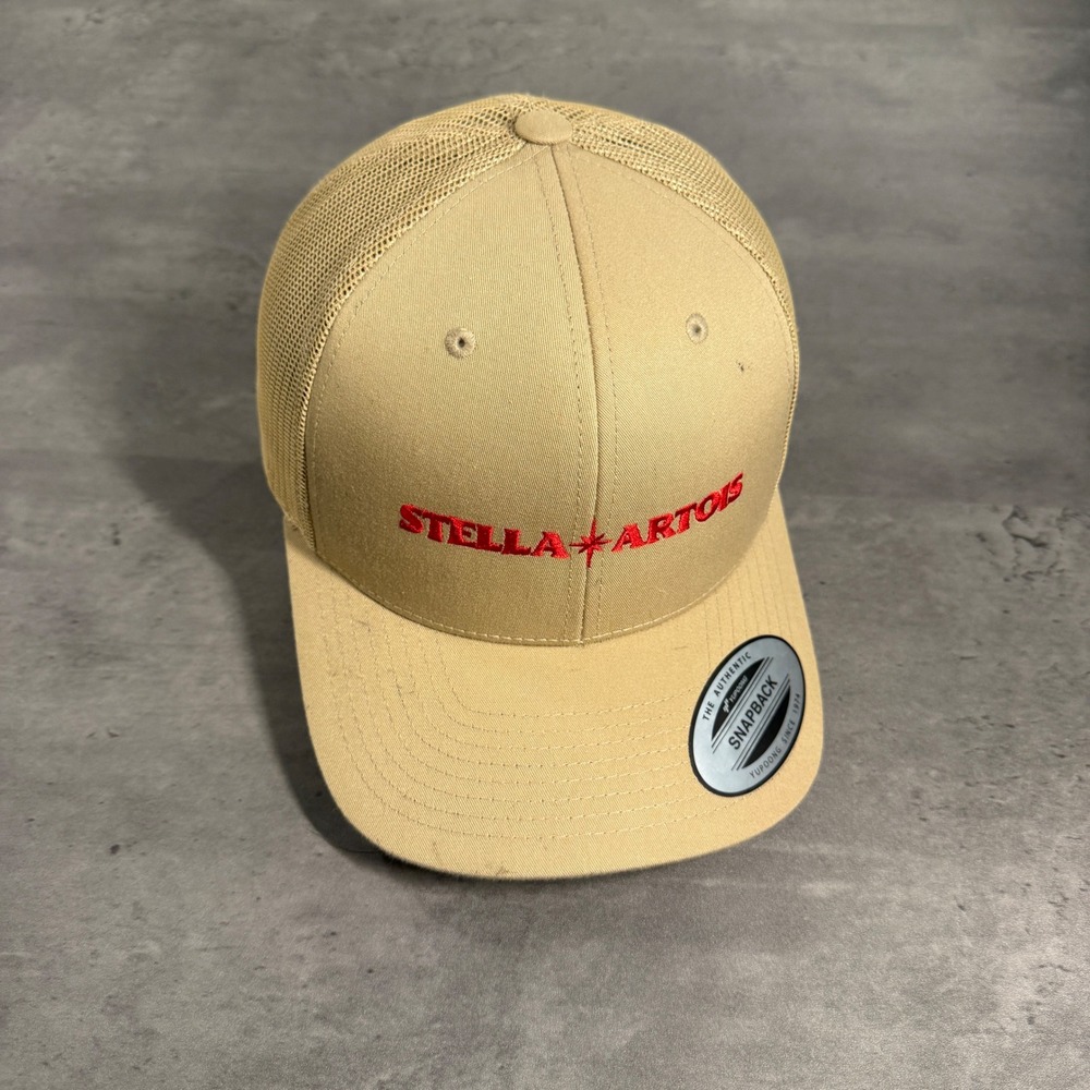 Stella Artois Snapback Trucker Hat Mens Tan Red Embroidered Mesh Yupoong‎ Cap